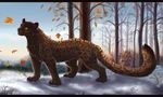  2015 autumn black_nose brown_fur detailed_background feline feral fur jaguar ketty-leopardess leaves male mammal nude outside red_eyes sky snow solo spots spotted_fur standing whiskers 