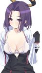  black_gloves bra breasts brown_eyes cleavage commentary_request eyebrows gloves kantai_collection looking_at_viewer mechanical_halo medium_breasts purple_hair school_uniform short_hair simple_background solo tatsuta_(kantai_collection) underwear undressing white_background white_bra yahako 