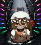  blonde_hair chain crystal dated face flandre_scarlet hat hat_ribbon highres looking_at_viewer mob_cap portrait puffy_sleeves red_eyes ribbon short_hair short_sleeves side_ponytail signature slit_pupils solo stuffed_animal stuffed_toy teddy_bear touhou tsubaki_(yi) wings 