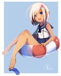  alternate_hair_length alternate_hairstyle artist_name bare_arms bare_legs blue_background blue_eyes commentary_request flower hair_flower hair_ornament kantai_collection koruta_(nekoimo) lifebuoy looking_at_viewer open_mouth platinum_blonde_hair ro-500_(kantai_collection) school_swimsuit shoe_dangle shoes short_hair simple_background single_shoe solo swimsuit swimsuit_under_clothes tan tanline 