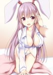  animal_ears blush breasts bunny_ears cleavage gradient gradient_background kneeling kue large_breasts lavender_hair long_hair long_sleeves no_pants on_bed open_mouth panties red_eyes reisen_udongein_inaba shirt smile solo_focus striped striped_panties touhou underwear 
