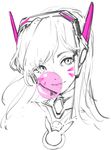  animal_print bangs bodysuit bubble_blowing bunny_print chewing_gum d.va_(overwatch) eyebrows eyebrows_visible_through_hair face facepaint facial_mark headphones high_collar long_hair mwo_imma_hwag overwatch pilot_suit portrait ribbed_bodysuit solo spot_color turtleneck whisker_markings 