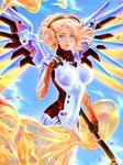  blonde_hair blue_eyes bodysuit breasts breasts_apart chromatic_aberration commentary high_ponytail highres large_breasts lips long_hair mechanical_halo mechanical_wings mercy_(overwatch) overwatch pantyhose petals solo staff taiss14 wings yellow_wings 