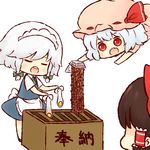  apron batta_(ijigen_debris) blue_hair blush bow box braid chibi donation_box egg food hair_bow hair_tubes hakurei_reimu hat izayoi_sakuya maid maid_headdress mob_cap multiple_girls nattou open_mouth pouring remilia_scarlet round_teeth short_sleeves simple_background teeth touhou translated twin_braids waist_apron wrist_cuffs 