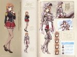  armor blue_eyes breastplate brown_hair brown_legwear character_sheet epaulettes gauntlets helmet highres komori_kei long_hair looking_at_viewer pantyhose pleated_skirt red_skirt reina_f_avery simple_background skirt standing thighhighs walkure_romanze 