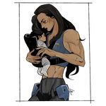  ana_(overwatch) baby babywearing black_hair captain_amari commentary crop_top dark_skin jewelry marceline2174 midriff mother_and_daughter multiple_girls muscle muscular_female overwatch pants pharah_(overwatch) red_eyes ring wedding_band younger 