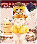  animal_ears belly_grab blonde_hair blueberry blush breasts bunny_ears cabbie_hat cake cocked_eyebrow commentary crop_top d: dango fat floppy_ears food fruit hat heart medium_breasts muuei navel open_mouth pancake plump red_eyes ringo_(touhou) shirt short_hair short_shorts shorts solo thick_thighs thighs touhou underboob undersized_clothes wagashi whipped_cream 
