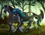  2015 bell black_hair blue_eyes blue_hair collar day detailed_background duo ear_piercing equine female feral forest fur grass hair hooves horn horse ketty-leopardess male mammal nude outside piercing running smile tree unicorn 
