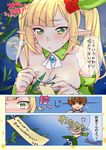  1girl bamboo blonde_hair blush breasts brown_eyes brown_hair comic detached_collar detached_sleeves elf flower green_eyes hair_flower hair_ornament jitome large_breasts long_hair miniru pointy_ears prince_(sennen_sensou_aigis) rose sennen_sensou_aigis smirk spica_(sennen_sensou_aigis) tanabata tanzaku translated tsundere wavy_mouth 