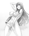  arched_back ban breasts censored erection futanari greyscale hand_behind_head heart heart_censor highres hime_cut large_breasts large_penis long_hair monochrome navel nipples nude penis solo testicles 