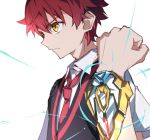  1boy bangs blue_eyes collared_shirt hibiki_yuuta male_focus narashikatanai necktie red_hair red_neckwear school_uniform shirt short_hair short_sleeves solo ssss.gridman tsuedzu waistcoat white_shirt wing_collar 