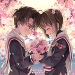  1girl 2016 antenna_hair blurry blurry_background blush bouquet brown_hair cardcaptor_sakura character_name cherry_blossoms copyright_name depth_of_field emblem flower forehead-to-forehead from_side hair_flower hair_ornament happy kinomoto_sakura laughing levan li_xiaolang long_sleeves petals profile puffy_long_sleeves puffy_sleeves short_hair shy signature smile two_side_up 