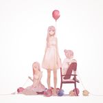  balloon bare_shoulders barefoot between_legs boots capri_pants chair closed_eyes collarbone dress feet_on_chair hair_bun hand_between_legs head_wreath holding just_be_friends_(vocaloid) long_hair megurine_luka multiple_girls multiple_persona muted_color pants pink_hair profile red_eyes simple_background sitting sleeveless sleeveless_dress spencer_sais standing string sundress vocaloid wariza white_background white_dress 