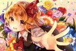  ascot bad_id bad_twitter_id blush confetti floral_background gradient gradient_background hair_ribbon highres long_sleeves multicolored multicolored_background open_mouth orange_hair outstretched_arms red_eyes ribbon rumia shirt short_hair skirt skirt_set smile solo star sweetroad touhou vest 