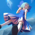  1girl blue_eyes blue_hair cirno depth_of_field detached_wings dress female foreshortening from_below hair_bow hasukawa_isaburou open_mouth outdoors puffy_short_sleeves short_hair solo touhou 
