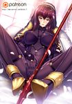  &gt;:) blush bodysuit breasts butter-t covered_navel covering covering_crotch fate/grand_order fate_(series) gae_bolg hair_ornament headdress large_breasts long_hair looking_at_viewer parted_lips patreon_logo patreon_username pauldrons purple_bodysuit purple_hair red_eyes scathach_(fate)_(all) scathach_(fate/grand_order) smile solo spread_legs v-shaped_eyebrows watermark web_address 