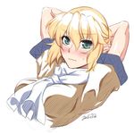  2016 arms_behind_head blonde_hair blush breasts closed_mouth dated green_eyes looking_at_viewer medium_breasts mizuhashi_parsee ootsuki_wataru pointy_ears short_hair simple_background sketch solo touhou wavy_mouth white_background 