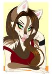  2016 5_fingers anthro breasts brown_fur brown_hair cacao canine clothing dog eyelashes female finger_nails fingers fur gradiewoof green_eyes hair looking_at_viewer mammal pink_nose pink_tongue simple_background solo teeth tongue white_fur 