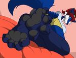  2016 4_toes anthro barefoot bed bed_sheet bedding blue_eyes blue_fur breasts canine claws digital_media_(artwork) female foot_focus fox fur hair mammal solo toe_claws toes white_fur zp92 