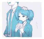  1girl bad_id bad_pixiv_id badge biting blazer border bread collared_shirt eating eyelashes food food_in_mouth grey_background hand_in_pocket hand_on_another's_head harunathunder_(neruneruzzz) head_out_of_frame height_difference holding inukai_sumiharu jacket kuroe_futaba long_sleeves looking_away looking_to_the_side monochrome necktie open_blazer open_clothes open_jacket petting school_uniform shirt sketch sweater twintails upper_body white_border world_trigger wrapper 