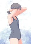  absurdres adjusting_hair black_eyes black_hair blush bunching_hair closed_mouth cowboy_shot from_side hair_tie highres kamo_(gafas) mouth_hold new_school_swimsuit one-piece_swimsuit original ponytail profile school_swimsuit solo swimsuit tying_hair 