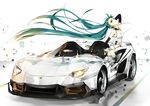  absurdly_long_hair arm_up black_gloves black_legwear boots breasts car cleavage closed_mouth digital_media_player earbuds earphones elbow_gloves fingerless_gloves gloves green_hair ground_vehicle hand_behind_head hatsune_miku head_tilt high_heels lamborghini lamborghini_aventador_j long_hair medium_breasts midriff motor_vehicle on_vehicle orange_eyes pleated_skirt race_queen shirt sitting skirt sleeveless sleeveless_shirt smile solo tameiki thigh_boots thighhighs twintails very_long_hair vocaloid white_shirt white_skirt wind 