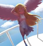  1girl angel angel_wings balcony blonde_hair blue_eyes blush braid female hasukawa_isaburou long_hair original sandals smile solo standing_on_one_leg wings 