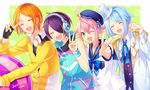  4boys ;) ;3 aoi_yuuta aoi_yuuta_(cosplay) ball beachball blue_hair closed_eyes cosplay costume_switch ensemble_stars! green_eyes himemiya_touri himemiya_touri_(cosplay) kina_(446964) male_focus multicolored_hair multiple_boys one_eye_closed orange_hair paw_pose pink_hair purple_hair sengoku_shinobu sengoku_shinobu_(cosplay) shino_hajime shino_hajime_(cosplay) sidelocks smile streaked_hair v 