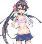  absurdres akebono_(kantai_collection) bell black_hair blush bra breasts flower hair_bell hair_flower hair_ornament highres jingle_bell kantai_collection long_hair midriff navel neck_ribbon open_clothes open_shirt purple_eyes ribbon school_uniform shirt side_ponytail skirt small_breasts solo suzuki24 underwear very_long_hair 