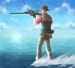  1boy aiming full_body gun hat highres kantai_collection male_focus meme pants red_shirt rifle shirt sniper_rifle solo sunglasses team_fortress_2 the_sniper vest waterskiing_(meme) weapon 