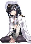  asashio_(kantai_collection) bangs between_legs black_hair blue_bra blue_eyes blush bow bow_bra bra buttons commentary_request hand_between_legs hat highres jacket jacket_on_shoulders kantai_collection long_sleeves looking_at_viewer military military_hat military_uniform naval_uniform neck_ribbon open_clothes open_jacket open_shirt oversized_clothes peaked_cap pleated_skirt red_ribbon ribbon shirt simple_background sitting skirt smile solo straight_hair takamiya_nao thighhighs underwear uniform wariza white_background 