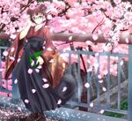  black_eyes black_skirt blue-framed_eyewear blurry blush book brown_hair cherry_blossoms commentary_request depth_of_field fence floral_print flower full_body glasses hair_flower hair_ornament hair_tucking hakama_skirt highres holding holding_book japanese_clothes long_sleeves looking_at_viewer oimari original petals road short_hair skirt smile solo standing wide_sleeves 