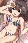  absurdres akizuki_(kantai_collection) arm_up bare_shoulders bikini blush breasts brown_hair grey_eyes hair_ornament hairband highres kantai_collection long_hair masa_masa medium_breasts open_mouth ponytail side-tie_bikini smile solo squatting striped striped_bikini swimsuit 