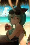  ahoge beach black_bikini_top blurry breasts chin_rest depth_of_field drink drinking drinking_straw eyewear_on_head flower from_side green_hair hair_between_eyes hair_ribbon hairband hibiscus highres large_breasts looking_at_viewer original outdoors pabo ribbon solo sunglasses water 