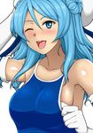  absurdres armpits beret blue_eyes blue_hair blush breasts collarbone competition_school_swimsuit double_bun elbow_gloves gloves hat highres janjan_umatarou kantai_collection large_breasts one-piece_swimsuit one_eye_closed open_mouth sailor_hat school_swimsuit solo sweat swimsuit urakaze_(kantai_collection) white_gloves white_hat 