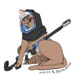  ana_(overwatch) animal animalization black_eyes brown_cat brown_fur brown_sclera cat cat_focus clothed_animal dated eyepatch facial_tattoo flat_color full_body gun hatching_(texture) hijab lillu looking_at_viewer lowres no_humans overwatch rifle short_hair simple_background sketch slit_pupils sniper_rifle solo tattoo twitter_username weapon whiskers white_background white_hair 