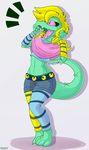  2016 absurd_res alligator anthro black_eyes blonde_hair bratty_(undertale) clothed clothing crocodilian female hair hi_res legwear lipstick long_hair midriff open_mouth pink_sclera reptile scalie shadow shorts simple_background skoon slit_pupils solo striped_legwear stripes tongue undertale video_games 