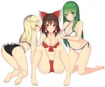  ass barefoot bikini black_bikini blonde_hair blush bow braid breasts brown_hair cleavage feet green_eyes green_hair hair_bow hair_ornament hair_tubes hakurei_reimu hand_on_another's_shoulder kirisame_marisa kneeling kochiya_sanae kureha_(ironika) large_breasts light_smile long_hair looking_at_viewer looking_back medium_breasts multiple_girls polka_dot polka_dot_bikini red_bikini red_eyes short_hair side-tie_bikini side_braid simple_background sitting snake_hair_ornament soles swimsuit toes touhou white_background white_bikini yellow_eyes 