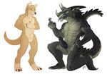  animal_genitalia anthro balls dragon duo erection fully_sheathed horn hornedfreak looking_at_viewer male mammal marsupial nude open_mouth penis sharp_teeth sheath simple_background smile standing teeth thylacine tongue tongue_out uncut white_background 
