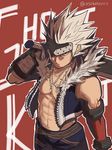  asaka_(petta3) dungeon_and_fighter from_above holding holding_weapon jewelry looking_at_viewer male_focus muscle navel necklace open_clothes open_vest red_background red_eyes shaded_face shirtless slayer_(dungeon_and_fighter) solo spiked_hair twitter_username vest weapon white_hair 
