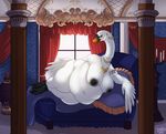  2016 armband avian beak bed bedroom big_breasts bird breasts curtains dbd feathers female jewelry navel necklace nude obese overweight pillow pose smile solo swan window wings 