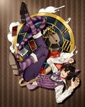  akiua animal_ears black_hair card cat_ears cat_tail cheshire_cat cheshire_cat_(cosplay) clock cosplay ensemble_stars! falling fang kemonomimi_mode looking_at_viewer male_focus pants pants_rolled_up patterned_background playing_card red_eyes sakuma_ritsu solo striped striped_background striped_legwear tail vertical_stripes 
