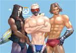  3boys abs bears brown_hair facial_hair male_focus mask muscle nipples outdoors overwatch pecs silver_hair smile summer tagme topless 