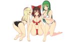  ass barefoot bikini blonde_hair blush breasts brown_hair cleavage green_eyes green_hair hakurei_reimu kirisame_marisa kochiya_sanae kureha_(ironika) long_hair navel red_eyes short_hair swimsuit touhou yellow_eyes 