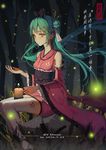  2016 dated detached_sleeves double_bun fireflies furisode green_hair hatsune_miku japanese_clothes kimono long_hair outdoors rock short_kimono sitting solo soulkiller thighhighs tree twintails very_long_hair vocaloid yellow_eyes zettai_ryouiki 