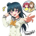  2016 3girls :d blue_hair blush brown_hair character_name dated hair_bun happy_birthday jitome kei_(0497) kunikida_hanamaru kurosawa_ruby long_hair love_live! love_live!_sunshine!! multiple_girls open_mouth purple_eyes red_hair school_uniform serafuku smile speech_bubble stuffed_toy sweatdrop tsushima_yoshiko two_side_up uranohoshi_school_uniform 