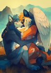  &lt;3 5_fingers anthro bare_back black_nose blue_fur blue_hair canine day duo embrace eyes_closed feathered_wings feathers fur hair jeniak kneeling male mammal nude orange_hair outside sitting smile teeth white_feathers wings wolf 