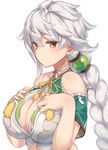  bare_shoulders braid breasts cleavage cleavage_cutout hair_ornament hand_on_own_chest jitome kantai_collection large_breasts long_hair looking_at_viewer remodel_(kantai_collection) silver_hair simple_background single_braid solo unryuu_(kantai_collection) upper_body white_background yamaarashi yellow_eyes 