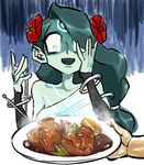  1girl alani alien battleborn blue_skin carp fish fish_girl food hair_flowers long_hair shocked webbed_hands 