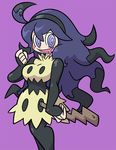  ahoge al_bhed_eyes alternate_breast_size black_legwear blush cosplay drooling gen_7_pokemon hairband hex_maniac_(pokemon) long_hair long_sleeves looking_at_viewer messy_hair mimikyu mimikyu_(cosplay) open_mouth pantyhose pokemon pokemon_(game) pokemon_sm purple_background purple_eyes purple_hair shenanimation simple_background smile solo very_long_hair 